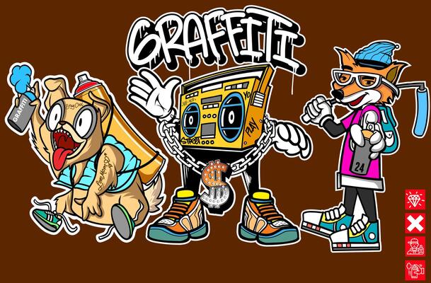 Set of graffiti character illustrations. Graffiti cartoon illustrations