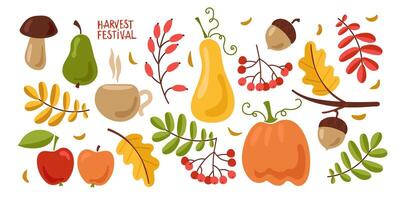 Collection of autumn attributes, autumn elements. set of fall icons or stickers, autumn card. vector