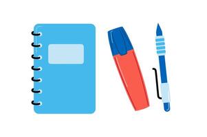 Office stuff for notes, touch device with touch pen, notepad, and black pen. White background. vector