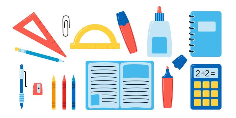 Set of different school and educational supplies. illustration in flat cartoon style.