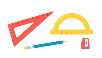 Set of school rulers. Flat cartoon style. Cute stationery. Ruler, Triangle Ruler, Protractor. Hand drawn illustration isolated on white background. vector