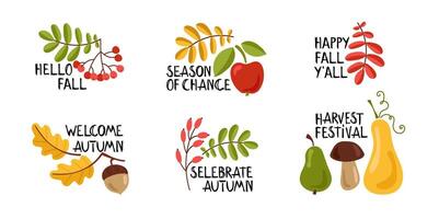 Autumn set of hand drawn phrases with cute and cozy design elements. Fall, vector