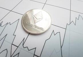 Bitcoin coin is on background of stock chart photo