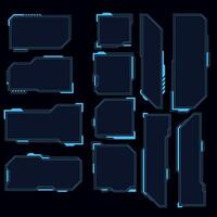 Hud frames. Futuristic modern user interface elements, hud control panel. High tech screen digital hologram window, gaming menu touching cyber monitoring set. vector