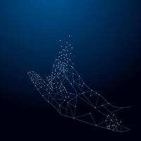 Human hand with fingers from blue color lines, triangles and particles style design. illustration vector