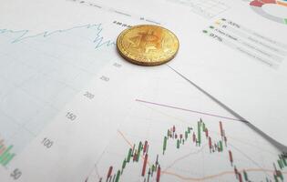 Bitcoin coin is on background of stock chart photo