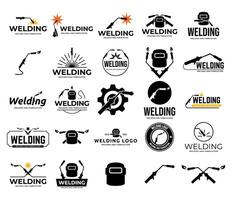 Flat illustration welding torch logo design. Welder tool with spark design. Welding work logotype vector