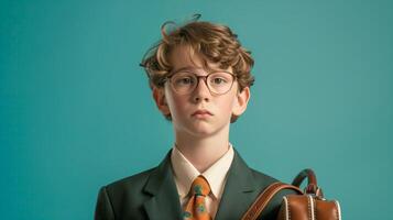 A teenage boy in a business suit, holding a briefcase, Studio Lighting, portrait shot, copy space, flat background photo