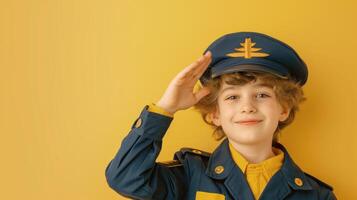 A teenage boy wearing a pilot's uniform, saluting with a smile, Studio Lighting, portrait shot, copy space, flat background photo