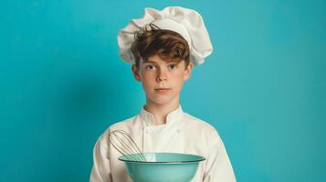 A teenage boy in a chef's uniform, holding a mixing bowl and whisk, Studio Lighting, portrait shot, copy space, flat background photo