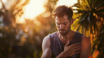 A man clutching his chest in pain, depicting a heart attack symptom photo