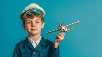 A teenage boy in a pilot uniform, holding a model airplane, Studio Lighting, portrait shot, copy space, flat background photo
