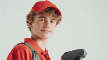 A teenage boy in a retail uniform, holding a price scanner, Studio Lighting, portrait shot, copy space, flat background photo