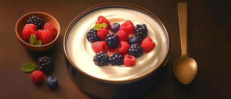 A bowl of Greek yogurt with berries with golden spoon on the side photo