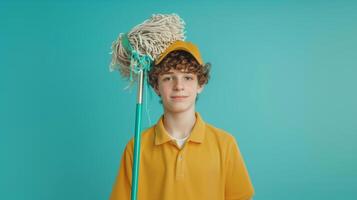 A teenage boy wearing a janitor's outfit, holding a mop, Studio Lighting, portrait shot, copy space, flat background photo