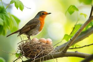 Bird sitting on top of a nest with eggs, Chaffinch Through the Lens. Generated AI photo