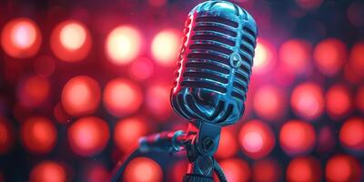 A close up of a microphone with a red light in the background photo