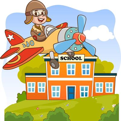 boy flying on airplane in the sky. cartoon kid pilot on plane. flying adventurer boy full of excitement and curiosity. smiling aviator plane travel