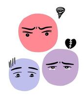 Set of cartoon faces with angry upset and sad emotion. vector