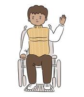 Isolated of a person with disability is smiling and doing hand waving in line hand drawn . vector