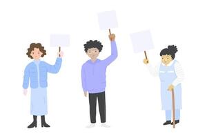 Group of campaigner with hand holding a blank sign in flat style. vector