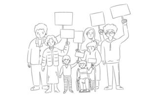 Hand drawn sketch of campaigner diverse people with hand holding a blank sign in Ink outline Stroke. vector