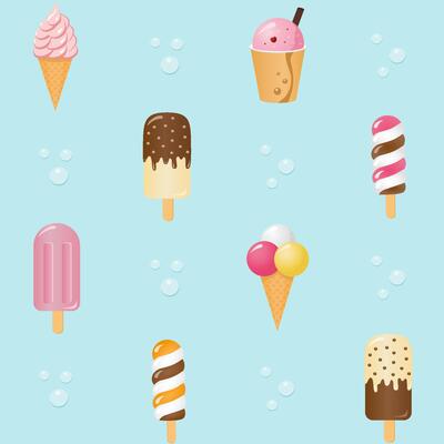 Colorful summer seamless pattern with ice cream and bubbles. Blue, pink and yellow colors.