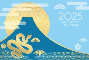 2025, Year Of The Snake, New Year Greeting Card Template With A Snake Symbol, Mt. Fuji, And The Rising Sun Decorated With Vintage Japanese Patterns. vector