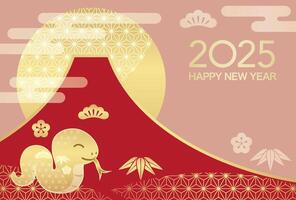 2025, Year Of The Snake, New Year Greeting Card With A Snake Mascot, Mt. Fuji, And The Rising Sun Decorated With Vintage Japanese Patterns. vector
