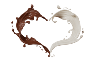 Splash of chocolate and milk flow in Heart Shape on transparent background, 3d illustration. png