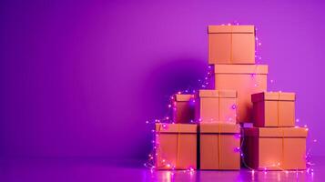 Stack of cardboard boxes with garland in the empty room on the violet background. Packaging shipping delivery. Christmas Moving concept. Cargo orders with packs. pile of brown carton boxes. photo
