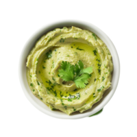 Hummus in a bowl with parsley on a transparent background. png