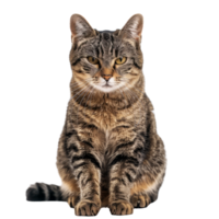 Gray tabby cat sitting and looking at the camera png