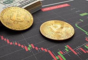 Gold ethereum cryptocurrency coin on stock market line graph trading chart. Top view. photo
