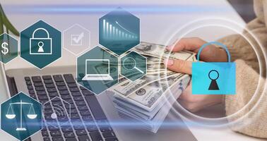 Cybersecurity and privacy concepts to protect data. Lock icon and internet network security technology. Businessmen protecting personal data on laptops and virtual interfaces photo