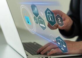 Cybersecurity and privacy concepts to protect data. Lock icon and internet network security technology. Internet and technology concept on virtual screen. lock icon. photo