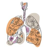 Human lungs with flowers and plants inside. Linear drawing with colored organic flying blobs. Healthy lungs. Abstract art poster, emblem, print design. illustration vector