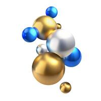Abstract 3D background with flying realistic balls of gold, silver and blue colors . Glossy 3D spheres composition. Trendy modern design for poster, banner, web design.Realistic balls design vector