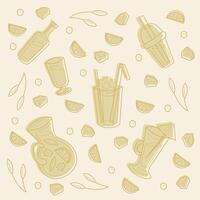 Set with cold drinks in different containers. Doodles clip art in pastel colors. vector