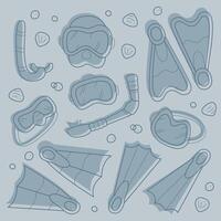Set with swimming masks, snorkels and fins. Doodles clip art in pastel colors. vector