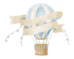 Blue hot air Balloon with ribbon for text. Watercolor illustration for kid birthday party. Hand drawn template for baby newborn invitation or greeting cards. Drawing for postcard in pastel colors vector