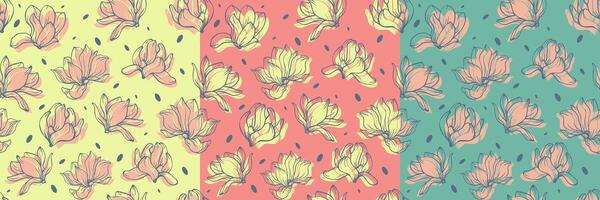 Blooming magnolia flower colorful pattern. Seamless 2d cartoon elements collection. Blooming background vector