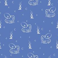 Seamless marine pattern with octopus and seaweed. Pattern background with underwater 2d cartoon characters. vector