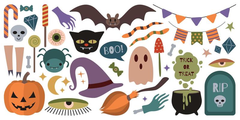 Halloween big set. Cauldron, ghost, skull, grave, sweets, pumpkin, flags and other holiday elements. Isolated illustration