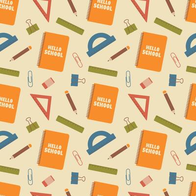 School seamless pattern. School supplies on a beige background. Cute illustration for background, cover, card