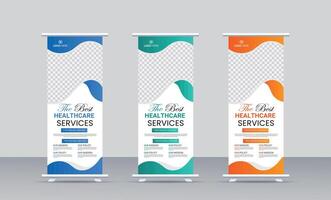 professional health care medical rollup banner design set template with three color variations. vector