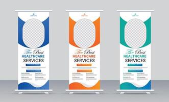 professional health care medical rollup banner design set template with three color variations. vector