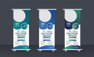 professional health care medical rollup banner design set template with three color variations. vector