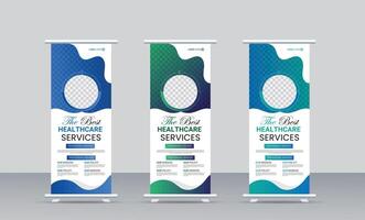 professional health care medical rollup banner design set template with three color variations. vector