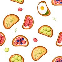 Seamless pattern toast. Strawberry, blueberry, spinach, cucumber, egg toast. vector